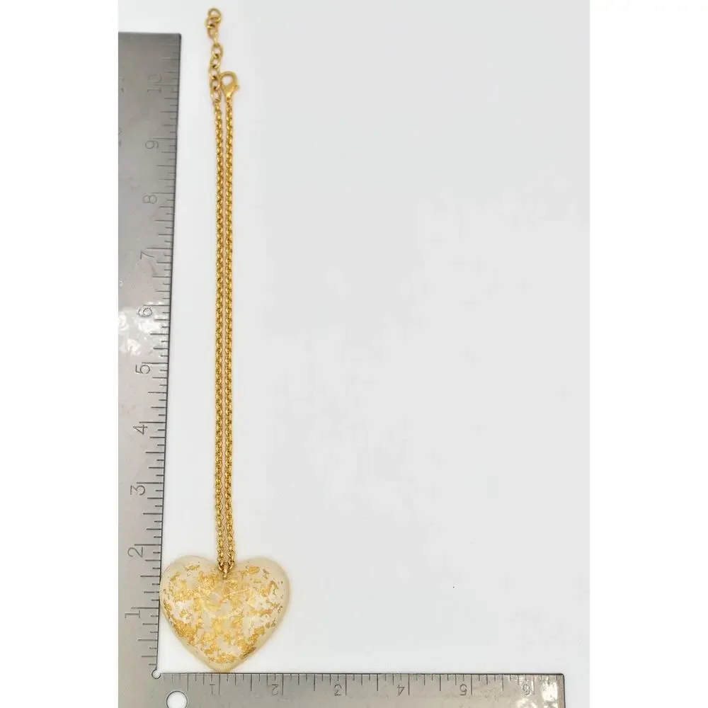Vintage Heart Pendant Necklace Gold Foil Lucite Resin Designer Signed BinBJ